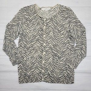 LOFT Ivory And Black Geometric Stripe Button Front Cardigan Size Small